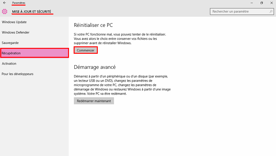 Restaurer Windows 10 à l'état usine